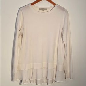 Soft Loft cream sweater with shear ruffle
